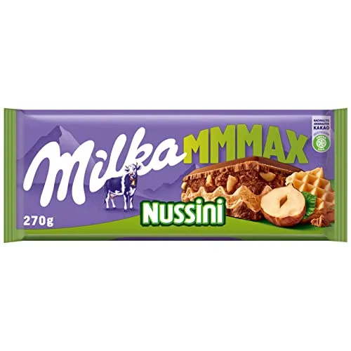Milka Mmmax Nussini – Alpenmilch-Schokolade mit Haselnusscreme und Nüssen - Schokoladenriegel mit knuspriger Waffel und feiner Haselnusscreme für ein unvergleichliches Geschmackserlebnis – ideal für deinen Genussmoment!