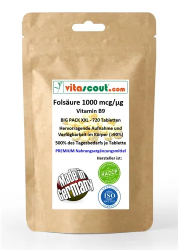 Folsäure 720 Tabletten je 1000mcg - Folic Acid Vitamin B9 - 500% d. Tagesbedarfs