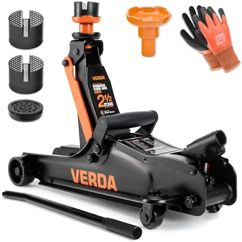 Verda Hydraulischer Wagenheber 2,5T, 85-365 mm + 3X Gummi + Arbeitshandschuhe Autoheber Rangierwagenheber Heber PKW, Profi, Ständer, Flache, Wohnmobil, Geländewagen