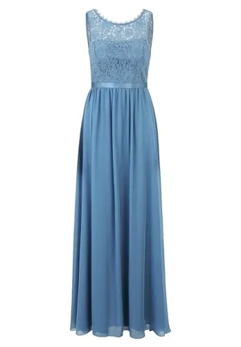 Vera Mont Damen Cocktailkleid mit Spitze Hushed Blue, 34 - Abendkleid für Damen mit eleganter Bogenkante und Rundhalsausschnitt, ideal für besondere Anlässe. Maxilänge und ausgestellte Passform sorgen für eine glamouröse Silhouette und hohen Tragekomfort.