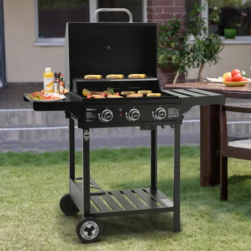 Royal Gourmet 3 Brenner Gasgrill mit Klappbaren Seitenablagen - Grillwagen mit 9 kW Leistung, großer Kochfläche für bis zu 23 Burger und präziser Hitzekontrolle durch eingebautes Thermometer – ideal für Garten und Terrasse.
