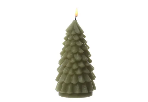 Deluxe Homeart LED-Kerze Tannenbaum - Flackernde Echtwachs Kerze H: 18cm hellgrün - LED-Kerze Tannenbaum aus Echtwachs, mit realistischer 3D Flamme und Timer-Funktion. Ideal für sichere Weihnachtsdekoration in Innenräumen.