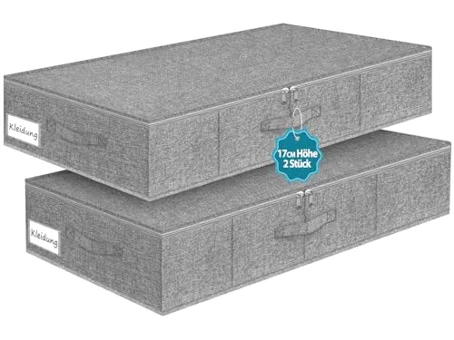 JUPELI Unterbett Aufbewahrungsbox, 2 Stück Faltbarer Unterbettkommode Stabil, Unterbett Aufbewahrung, Kleideraufbewahrung, Decken Organisator Lagerbehälter mit Griff Für Kleidung, Steppdecken, Grau