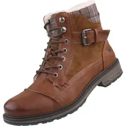 Mustang Herren Stiefel gefüttert Braun - Winterstiefel für kalte Tage - Warmer, gefütterter Herren Stiefel aus Kunstleder mit modischem Materialmix und Schnallenapplikation. Ideal für trockene Wintertage, mit gut profilierten Synthetik-Laufsohlen und einer Schafthöhe von ca. 13 cm.