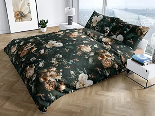 Bettwäsche mit Stil Mako Satin Floral Romantic anthrazit 240x220 cm - Hochwertige Bettwäsche Garnitur in anthrazit (240x220 cm + 2x 80x80 cm). Aus 100% Baumwolle, weich und angenehm. Mit verdecktem Reißverschluss für eine elegante Optik. Geprüfte Qualität nach Oeko-Tex Standard 100.