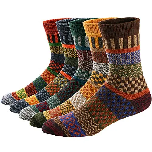 Ueither 5 Paar Unisex Wollsocken – Baumwollsocken – Stricksocken | für Männer & Frauen | Vintage Stil | Warme Crew Socken für Herbst & Winter (38-43, Farbe 7)