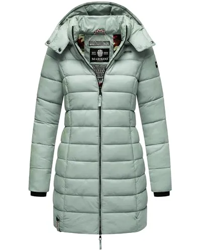MARIKOO Damen langer Wintermantel warmer Steppmantel mit abnehmbarer Kapuze Abendsternchen Smokey Mint Gr. 4XL