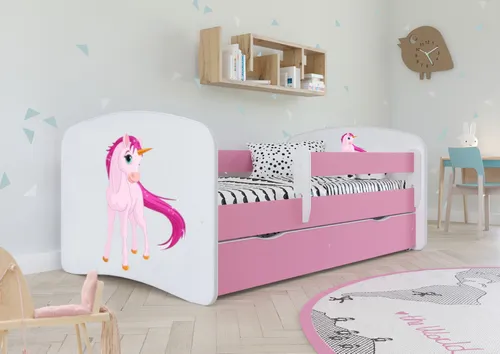 Bjird® Kinderbett Jugendbett 70x140 cm Rosa mit Matratze und Rausfallschutz