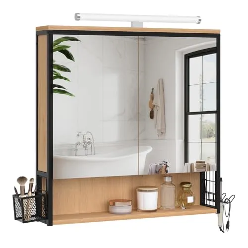 EUGAD Spiegelschrank Bad mit Beleuchtung, Badezimmerschrank mit Spiegel, Badschrank hängend, mit Verstellbarer Ablage Halter Korb, aus Metall MDF, Schwarz + Helle Eiche, 70Bx70Hx14,5T cm