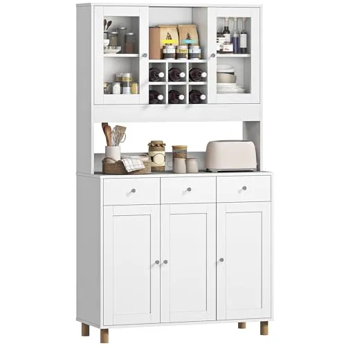 HOMCOM Küchenschrank, Buffetschrank mit verstellbaren Regalen, 4 Türen, Schublade, Vorratsschrank, Hochschrank mit 2 Glastüre, 100 x 40 x 180 cm, Weiß