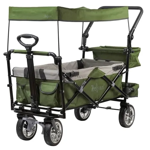 Zelsius Bollerwagen faltbar mit Dach - Grün/Grau - Faltbarer Bollerwagen mit abnehmbarem Dach, ideal für Ausflüge und Transport. Integriertes Gurtsystem sorgt für sicheren Halt, während die 360-Grad-drehbaren Räder optimale Beweglichkeit bieten.