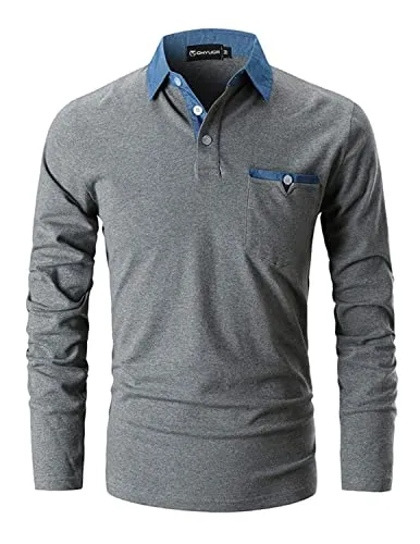 GHYUGR Poloshirts Herren Basic Langarm Baumwolle Polohemd Denim Nähen Golf T-Shirt S-XXL,Grau 1,XL
