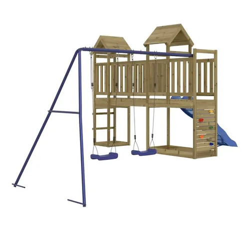 vidaXL Spielturm aus Kiefernholz mit Rutsche und Schaukeln - Gestalte den Garten deiner Kinder zum Spielparadies! Dieser Spielturm aus robustem Kiefernholz bietet eine Plattform, Rutsche, Schaukeln und eine Kletterwand für endlosen Spielspaß.