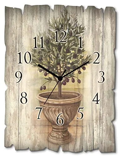 ARTLAND Wanddeko Wanduhr ohne Tickgeräusche aus Holz Quarz Uhr lautlos Rechteckig 30x40 cm Topf Keramik Pflanzen Olivenbaum Toskana Rustikal Vintage U0PU