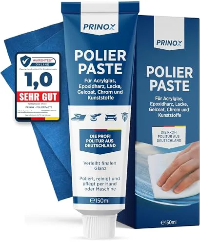PRINOX 150ml Polierpaste inkl. Profi Poliertuch I Politur für Acrylglas, Epoxidharz, Lacke, Gelcoat gfk, Chrom & Kunststoffe I Entfernt Mattierungen & Mikro Kratzer