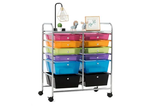 COSTWAY Rollwagen mit 12 stapelbaren Schubladen, Schubladenwagen, Rollcontainer mit Metallrahmen und Regal