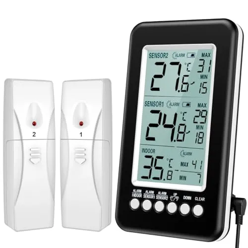 Brifit Kühlschrank Thermometer mit Alarmfunktion - Kühlschrankthermometer mit 2 Sensoren, großem 4.3-Zoll Display und akustischem Alarm, ideal für die Überwachung von Innentemperatur und Lebensmittelsicherheit.