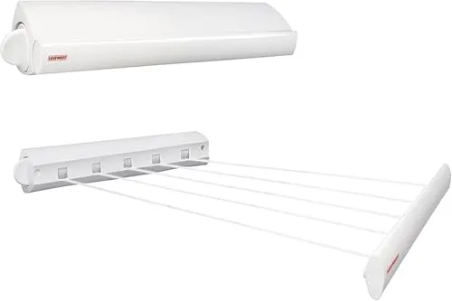 Leifheit Wandtrockner Rollfix 210 Longline - 21m Platzsparende Wäscheleine - Wandmontierter Wäscheständer mit 21m Leinenlänge, ideal für 2 Waschmaschinenladungen. Ausziehbar bis 4,20m, energiesparend und perfekt für kleine Räume.