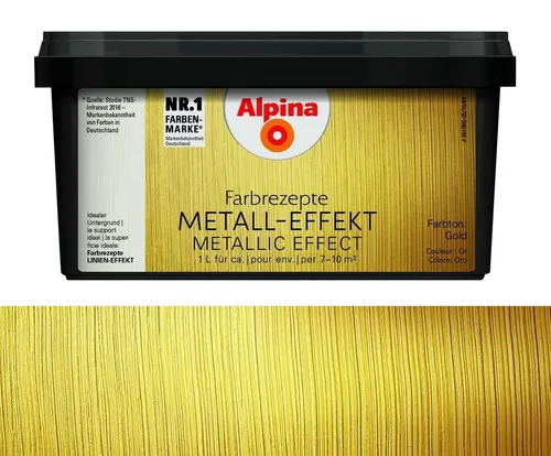 Alpina Innenfarbe 1 L gold, metallisch-glänzend - Farbe für Innenräume in edlem Goldton, ideal für kreative Wandgestaltungen und verleiht jedem Raum einen luxuriösen Glanz.