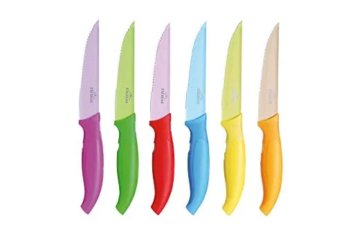 Soul Kitchen Fleischmesser 6er Set Color - Mehrfarbiges Messerset - Küchenmessersets mit ergonomischem Griff und 11 cm Klingen, ideal für müheloses Schneiden von Fleisch. Antibakterielle Edelstahlklingen mit farbiger Antihaftbeschichtung für lange Haltbarkeit und einfache Reinigung.