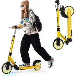 COSTWAY Klappbarer Scooter Roller mit LED-Rädern – 3-fach höhenverstellbar, Aluminium, bis 100 kg – Gelb