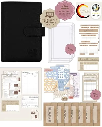 BeginnerBudget® Budget Planner Deutsch - Starterset mit Sparchallenge Budgetplaner - Sparen mit Umschlagmethode + Anleitung - Ringbuch A6 - Binder A6 Litchi-Style (Schwarz)