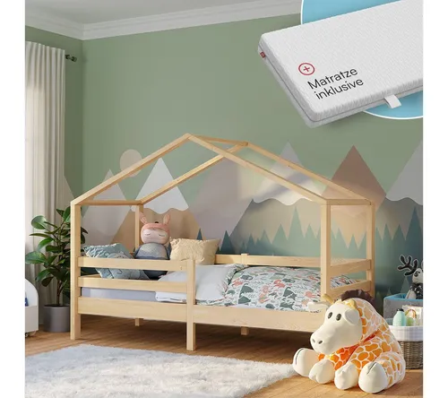 Bellabino Hausbett Abia mit Lattenrost und Rausfallschutz (natur, mit Matratze), Kinderbett 90x200 cm, verfügbar in verschiedenen Ausführungen