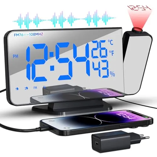 TAKRINK Digitaler Radiowecker mit Projektionsfunktion - Projektionsuhr mit 4-stufiger Bildschirmhelligkeit, 180° drehbarer Projektion und Dual-Alarm für optimale Zeitplanung. Ideal für ältere Menschen und für eine angenehme Nachtruhe.