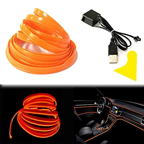 Balabaxer El Wire LED-Streifen für den Innenbereich, Orange, 10 m, Neondraht, USB, 5 V, mit Sicherungsschutz für Automobil-Innendekoration, mit 6 mm Nähkante