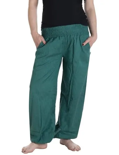 Vishes - Lange Damen Sommerhose Haremshose in Türkis - Bequeme, luftige Relaxhose mit breitem Dehnbund und zwei Taschen. Ideal für warme Tage, Yoga oder als Homewear. Hergestellt aus leichtem, handgewebtem Baumwollstoff in Einheitsgröße (34-46) für hohen Tragekomfort.