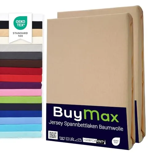 Buymax® Spannbettlaken 70x140cm Doppelpack 100% Baumwolle Kinderbett Spannbetttuch Baby Bettlaken Jersey, Matratzenhöhe bis 15 cm, Farbe Sand
