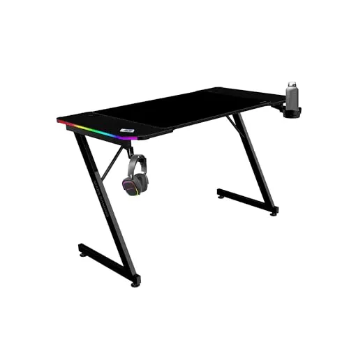 Mars Gaming MGD-X120RGB, Ergonomischer Gaming-Tisch, ARGB-Beleuchtung mit Fernbedienung, Carbonfaser, XXL-Mauspad, Kopfhörer und Getränkehalter, Kabelmanagement, Gaming-Schreibtisch 120x60cm, Schwarz