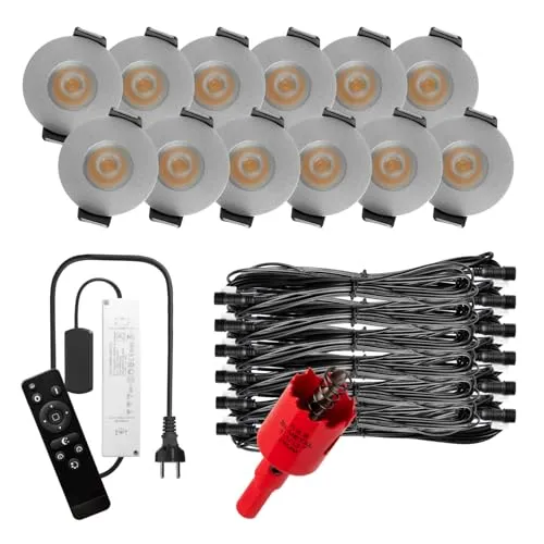 S-Polytec PREMIUM Mini LED- Einbauspots Kaltweiss 6.000K, DIMMBAR, IP65, FUNK 3W Einbaustrahler Terrassenüberdachung, Bad, Sauna mit Fernbedienung (SILBER, 12x LED-SET (Kaltweiß))