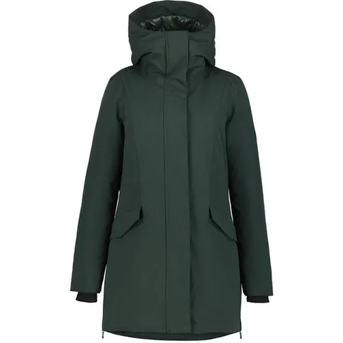 Icepeak Winterjacke MABEN Dunkelgrün - Eleganter knielanger Funktionsmantel mit gesteppter Innenausstattung, abnehmbarer Kapuze und praktischen Reißverschlusstaschen – ideal für kalte Tage.