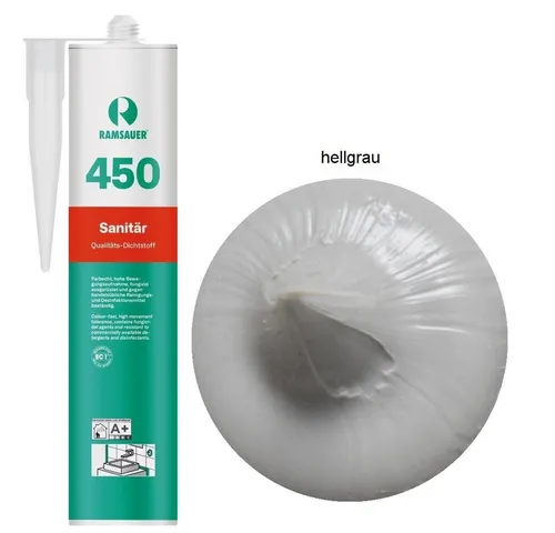 Ramsauer Dichtstoff Ramsauer 450 Sanitär Silikon Dichtstoff 310ml Kartusche hellgrau, gebrauchsfertig, chemisch widerstandsfähig, schnellhärtend, UV-beständig, pilzhemmend