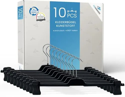 RSR-Hangers Hosenspanner PUC Kleiderbügel 42 cm - 10 Stück - XL - Hosenbügel - verstellbare Klammern - Schwarz - 360° Haken - Made in Germany