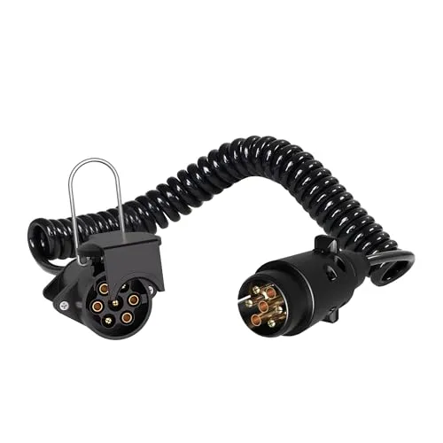 Wiltec 7-poliges Spiralkabel 3 m, Anhängerkabel PVC, Robustes Elektrokabel mit Stecker & Buchse, Verlängerungskabel für Anhänger und Wohnwagen