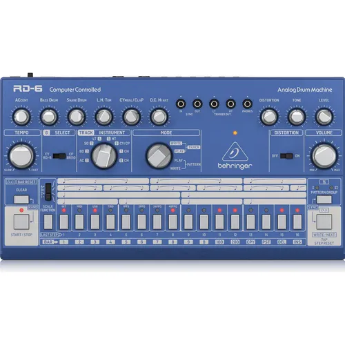 Behringer RD-6-BU Drum Machine - Drumcomputer mit 8 analogen Drum-Sounds, 16-Step Sequencer und integrierten Effekten; ideal für kreative Musikproduktionen.