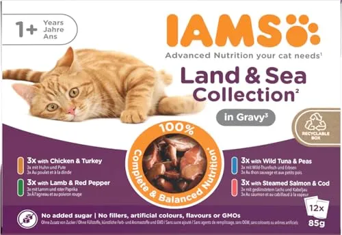 IAMS Delights Land & Sea Collection Katzenfutter Nass - Multipack mit Fleisch und Fisch Sorten in Sauce, Nassfutter für Katzen ab 1 Jahr, 12 x 85 g