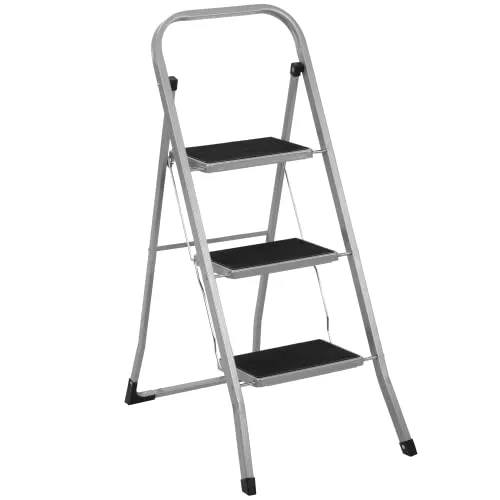 Ribelli Trittleiter 3 Stufen Leiter Klapptritt Klappleiter Klapptreppe Tritt Haushaltstritt Stehleiter Sprossenleiter klappbar faltbar bis 150 kg (3 Stufen, Silber/schwarz)