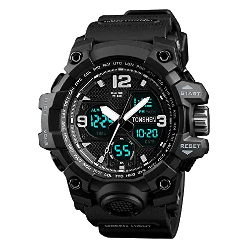 TONSHEN Herrenuhr Analog Quarz LED Elektronik Double Zeit Digitaluhr 50M Wasserdicht Outdoor Militär Multifunktional Alarm Datum Stoppuhr SportUhren (Schwarz)