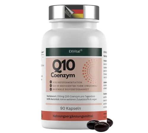 EXVital Q10 Coenzym Ubiquinol Kapseln 200mg, 90 Stück - Hochdosierte Q10 Coenzym Ubiquinol Kapseln – 200mg pro Kapsel, ideal für eine langfristige Einnahme von 3 Monaten. Vegan, ohne Zusatzstoffe und in Deutschland produziert.