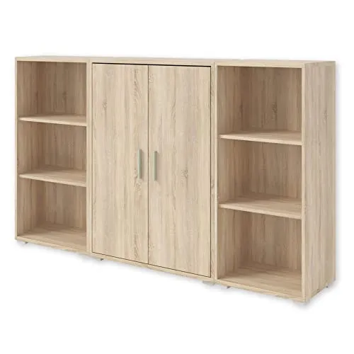Stella Trading Office LINE Aktenregal - Schreibtischmöbel in Eiche Sonoma Optik, bietet viel Stauraum mit 2 Türen und 6 offenen Fächern, ideal für modernes Bürodesign und schnelle Montage.