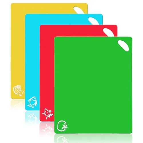 Vicloon Schneidebrett, 4-er Set Farbe Kunststoff-Schneidebrett mit Lebensmittel-Icons & Easy-Grip-Griffe, Antibakteriell, rutschfest, Spülmaschinenfestes, für Fisch/Gemüse/Obst/Fleisch/Brot