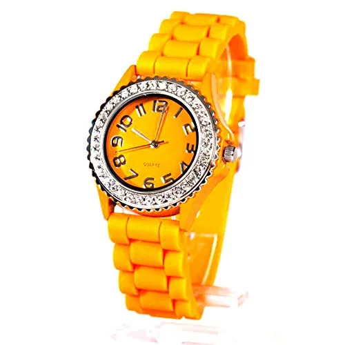 HAC24 Armbanduhr Quarz Damen mit Glitzersteinen Damenuhr Analog Sportuhr Orange Silikon Armband Uhr Quarzuhr Analoguhr