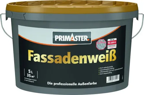 Primaster Fassadenweiß 5 L - Hochdeckende Fassadenfarbe - Fassadenfarbe, witterungsbeständig und ideal für langlebige, strahlend weiße Fassaden.
