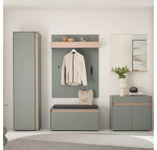 Lomadox Garderoben-Set CRISP-61, (Spar-Set, 5-St., Garderobenpaneel Schuhbank Spiegel Kommode Flurschrank), grün mit Eiche Nb., grifflos, Spiegel, Stauraum