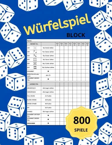 Würfelspiel Block: A4 Würfelspiel Gewinnblatt Block | 800 Spiele | 50 Blatt | Spielblock für Würfelspiel | Spielblatt | Familienspiele | Reisespiel