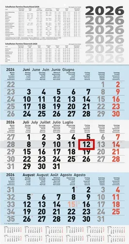 BRUNNEN Wandkalender 2026 Brunnen 3-Monatskalender blau 300×560 mm