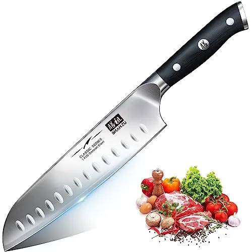 SHAN ZU Santoku Kochmesser 18cm - Deutscher Carbon Edelstahl - Santoku-Messer mit 18 cm Klinge aus deutschem Kohlenstoffstahl, ergonomischem Griff für müheloses Schneiden und perfektes Geschenk für Kochliebhaber.